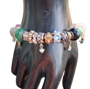 Romantic Silvertone Curated Charm Bracelet - Amethyst, Jade & Black Onyx Accents